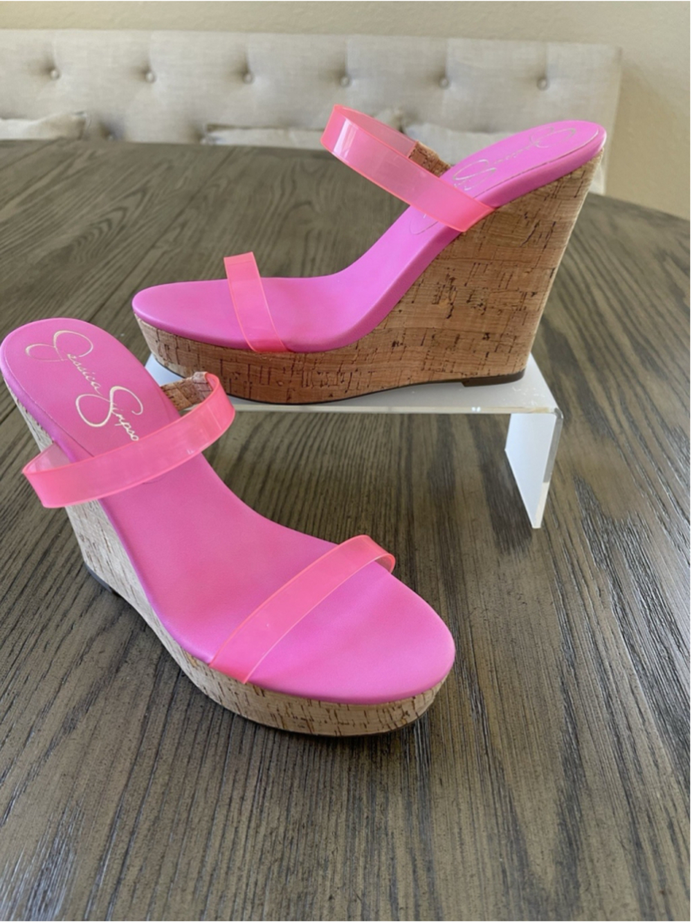 Jessica Simpson Women’s Pink/Brown Slip-On Wedge Sandals Logo Synthetic 7.5